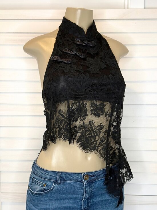 Chocolate Usa Tops - Chocolate USA Black Mandarin Collar Lace Halter Top